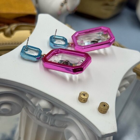 🆕 KURT GEIGER LONDON 🧿 NWOT Rectangle Stone Earrings, Metallic Blue & Pink - Picture 6 of 16